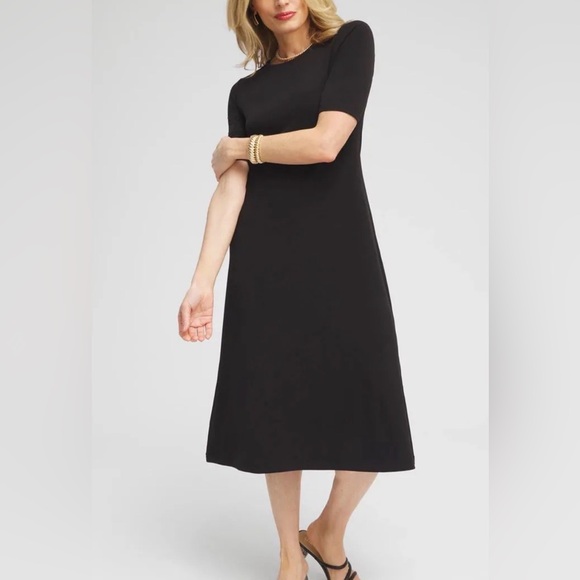 Chicos elbow sleeve black midi dress, medium, size 1 - Picture 1 of 7